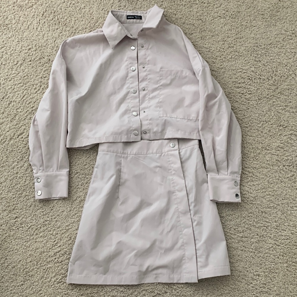 SHEIN Gray Two-Piece Drop Shoulder Pocket Latched Blouse and Skirt Set